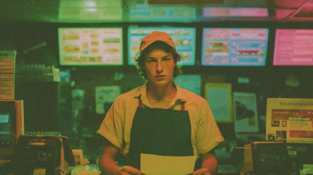 A young fast-food worker stands behind the counter under bright menu lights, holding an order slip, representing the fast-food speed mentality that real penetration testing avoids. Used in a blog post by Asteros, a penetration testing company in Atlanta, about the importance of manual web application penetration tests.